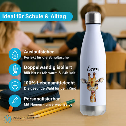 Trinkflasche in Weiß/Silber 500ml aus Edelstahl bedruckt mit niedlichen Tieren "Giraffe" personalisierbar für Kinder mit Wunschname
