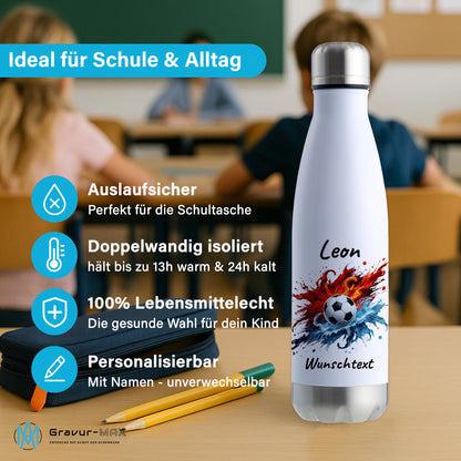 Thermoflasche 500ml in Weiß/Silber aus Edelstahl bedruckt "Fußball" Motiv12 personalisierbar mit Wunschname & Text