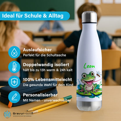 Trinkflasche in Weiß/Silber 500ml aus Edelstahl bedruckt mit niedlichen Tieren "Frosch" personalisierbar für Kinder mit Wunschname