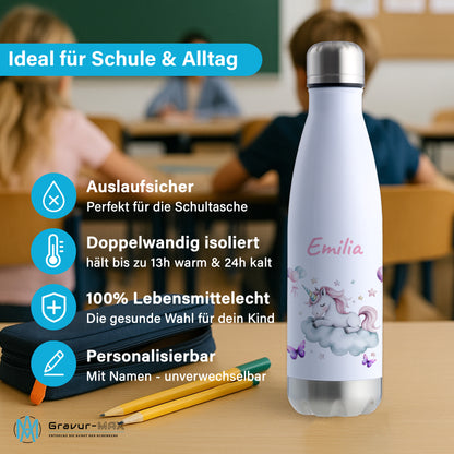 Thermoflasche 500ml in Weiß/Silber bedruckt mit tollen Motiven für Kinder "Einhorn Wolke" personalisierbar mit Wunschname
