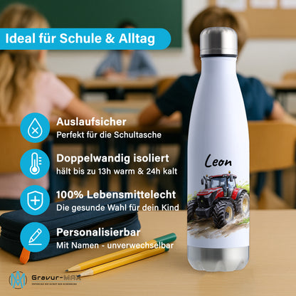 Thermoflasche 500ml in Weiß/Silber bedruckt mit tollen Motiven für Kinder "Traktor" personalisierbar mit Wunschname