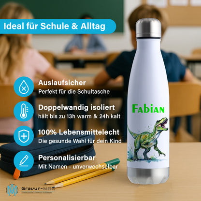 Thermoflasche 500ml in Weiß/Silber bedruckt mit tollen Motiven für Kinder "Dino T-Rex" personalisierbar mit Wunschname