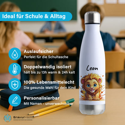 Trinkflasche in Weiß/Silber 500ml aus Edelstahl bedruckt mit niedlichen Tieren "Löwe" personalisierbar für Kinder mit Wunschname