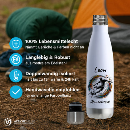 Thermoflasche 500ml in Weiß/Silber aus Edelstahl bedruckt "Fußball" Motiv1 personalisierbar mit Wunschname & Text