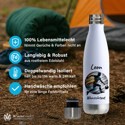 Thermoflasche 500ml in Weiß/Silber aus Edelstahl bedruckt "Fußball" Motiv2 personalisierbar mit Wunschname & Text
