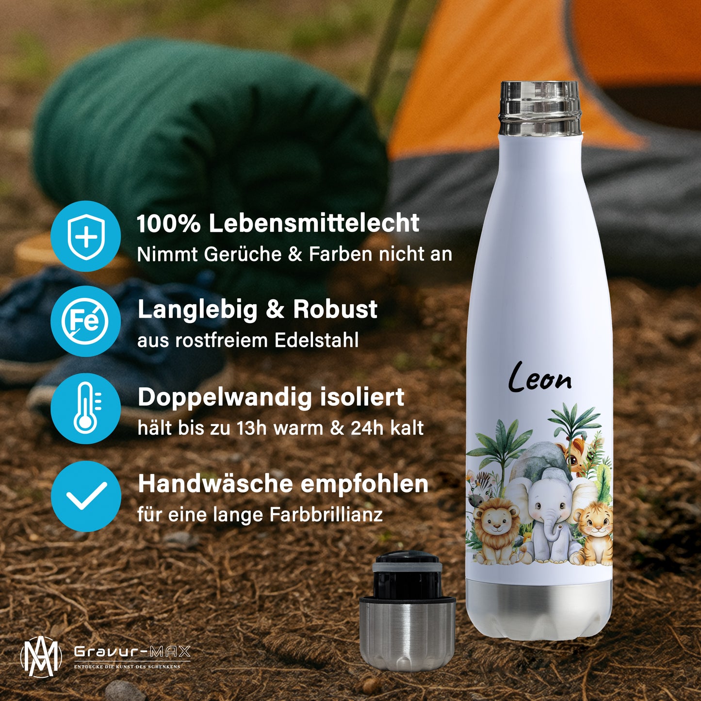 Trinkflasche in Weiß/Silber 500ml aus Edelstahl bedruckt mit Dschungel Tieren"Dschungel Tiere" personalisierbar für Kinder mit Wunschname