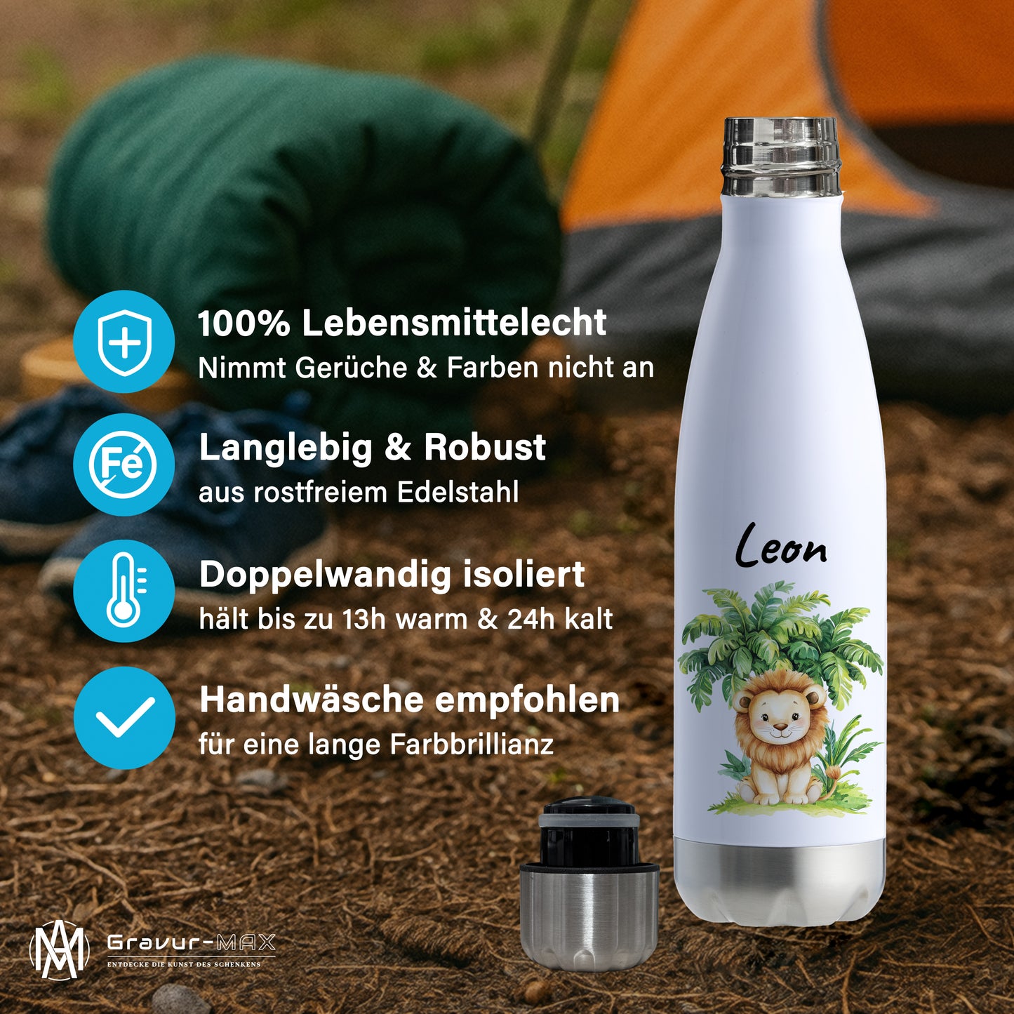 Trinkflasche in Weiß/Silber 500ml aus Edelstahl bedruckt mit Dschungel Tieren"Löwe" personalisierbar für Kinder mit Wunschname