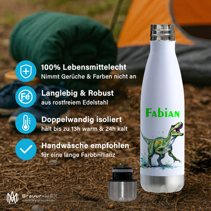 Thermoflasche 500ml in Weiß/Silber bedruckt mit tollen Motiven für Kinder "Dino T-Rex" personalisierbar mit Wunschname