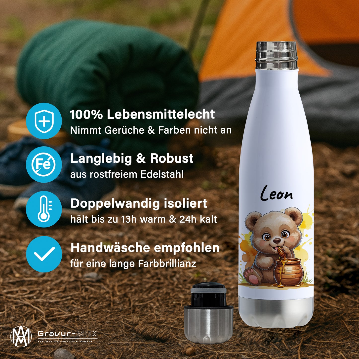 Trinkflasche in Weiß/Silber 500ml aus Edelstahl bedruckt mit niedlichen Tieren "Bär" personalisierbar für Kinder mit Wunschname