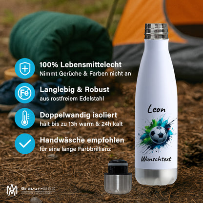 Thermoflasche 500ml in Weiß/Silber aus Edelstahl bedruckt "Fußball" Motiv8 personalisierbar mit Wunschname & Text
