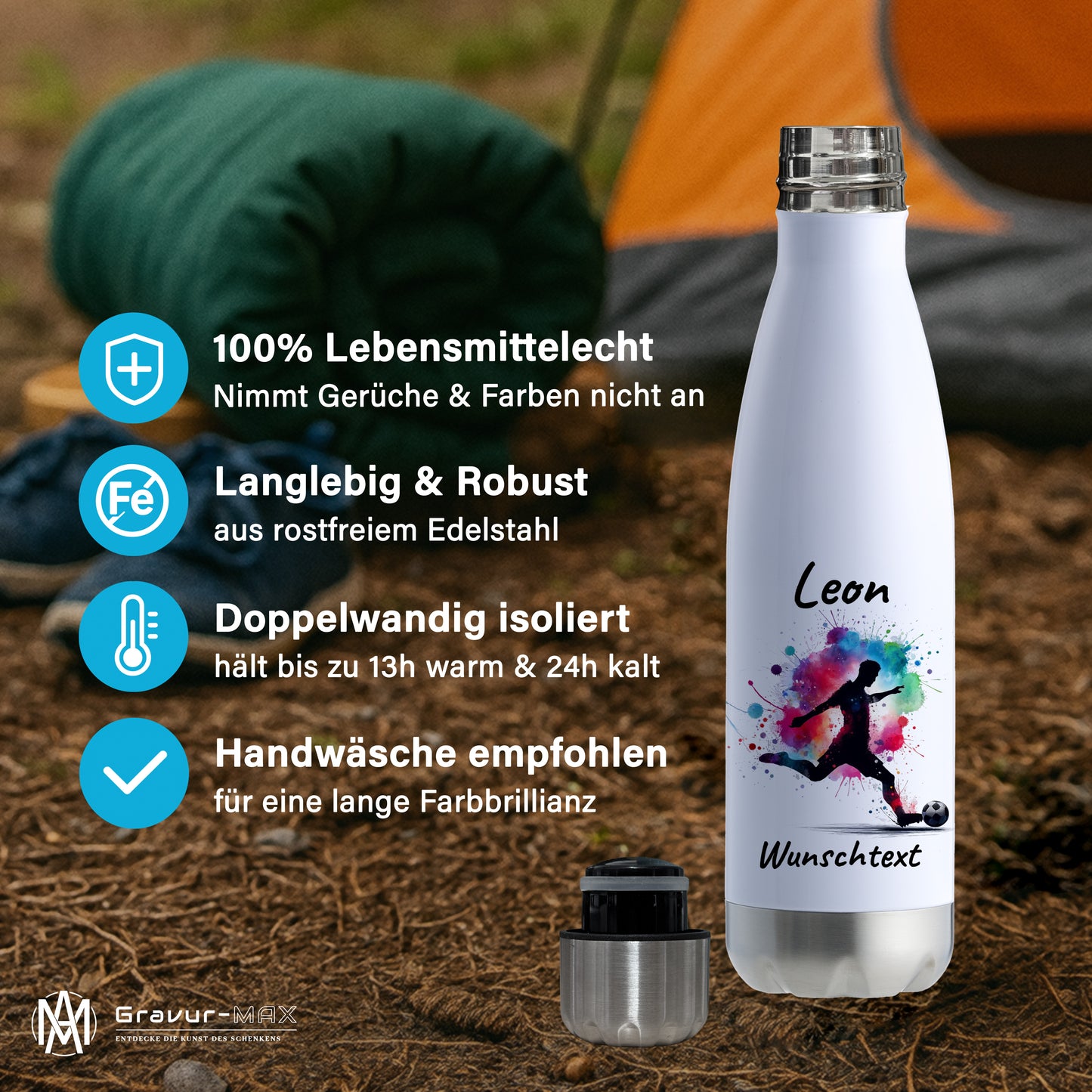 Thermoflasche 500ml in Weiß/Silber aus Edelstahl bedruckt "Fußball" Motiv4 personalisierbar mit Wunschname & Text