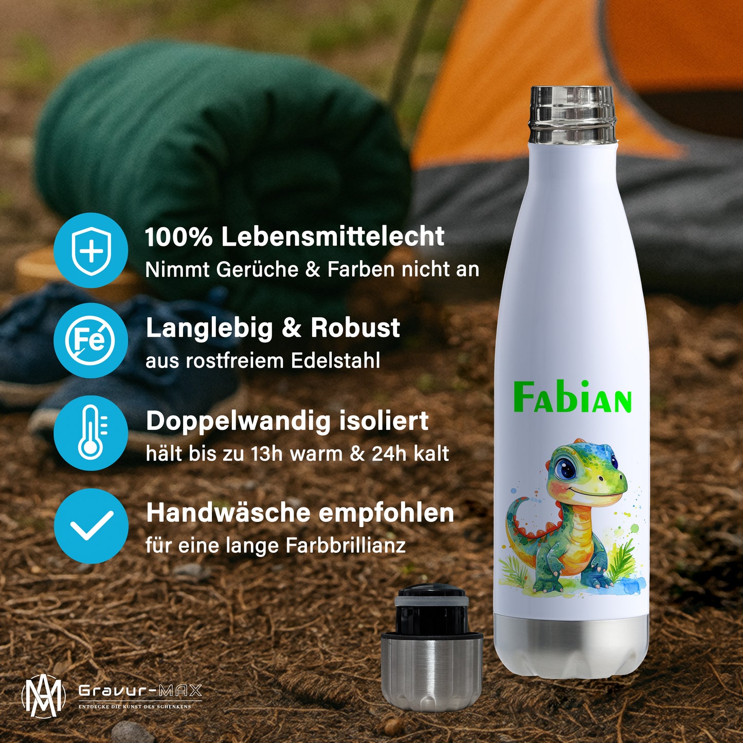Thermoflasche 500ml in Weiß/Silber bedruckt mit tollen Motiven für Kinder "Dino Kinder" personalisierbar mit Wunschname