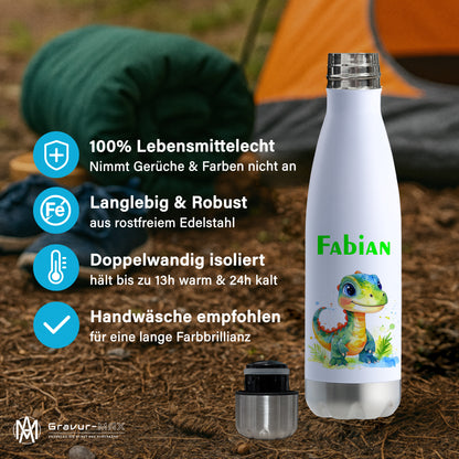 Thermoflasche 500ml in Weiß/Silber bedruckt mit tollen Motiven für Kinder "Dino Kinder" personalisierbar mit Wunschname