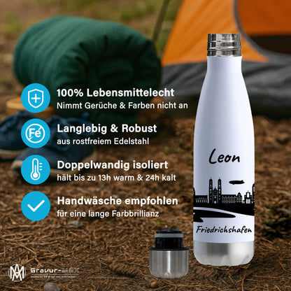 Trinkflasche in Weiß/Silber 500ml aus Edelstahl bedruckt mit der Skyline von Friedrichshafen personalisierbar mit Wunschname