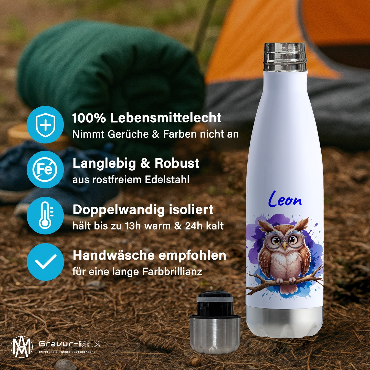 Trinkflasche in Weiß/Silber 500ml aus Edelstahl bedruckt mit niedlichen Tieren "Eule" personalisierbar für Kinder mit Wunschname