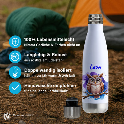 Trinkflasche in Weiß/Silber 500ml aus Edelstahl bedruckt mit niedlichen Tieren "Eule" personalisierbar für Kinder mit Wunschname