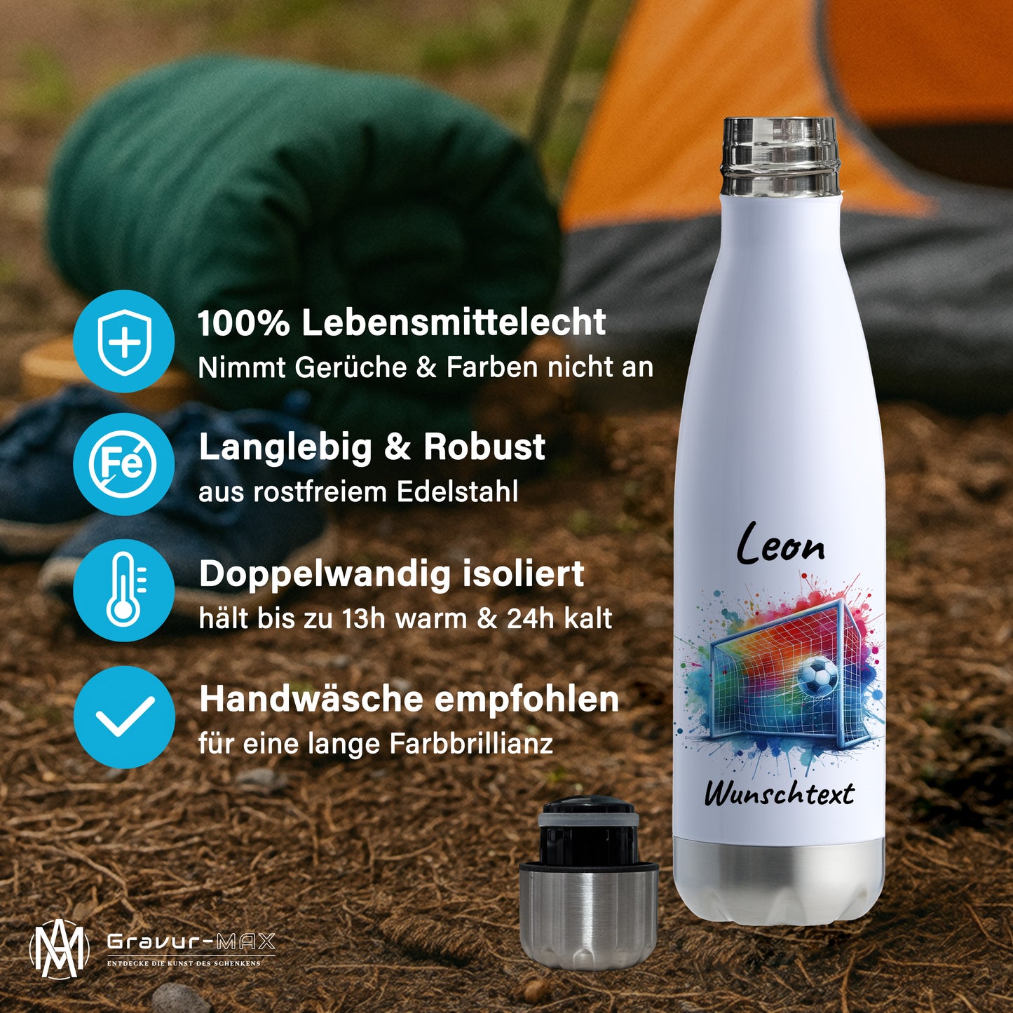 Thermoflasche 500ml in Weiß/Silber aus Edelstahl bedruckt "Fußball" Motiv5 personalisierbar mit Wunschname & Text