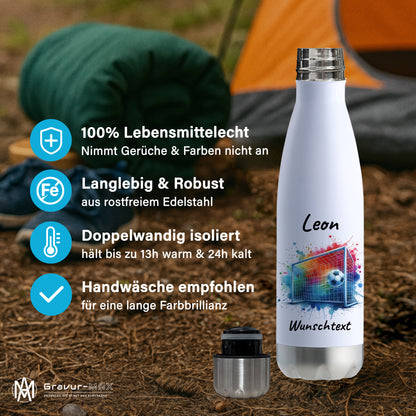 Thermoflasche 500ml in Weiß/Silber aus Edelstahl bedruckt "Fußball" Motiv5 personalisierbar mit Wunschname & Text