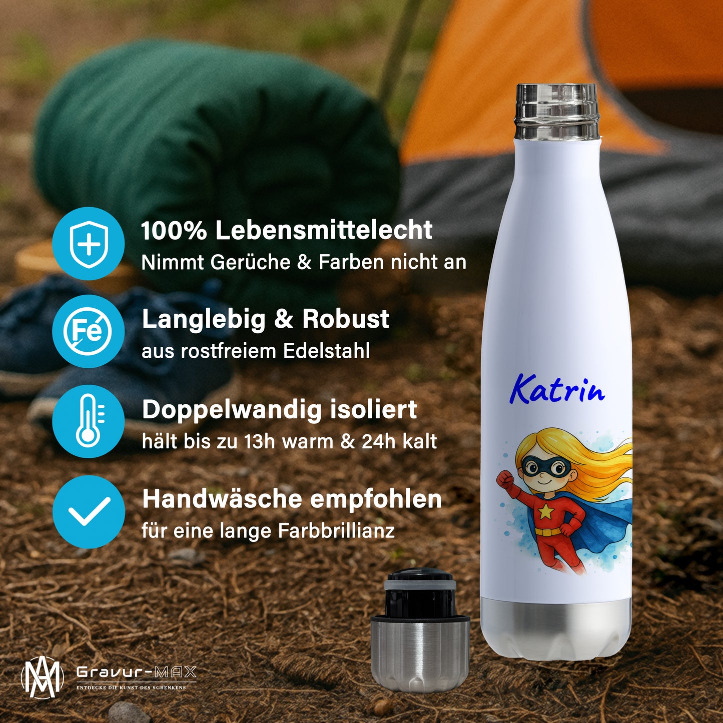 Thermoflasche 500ml in Weiß/Silber bedruckt mit tollen Motiven für Kinder "Superheldin" personalisierbar mit Wunschname