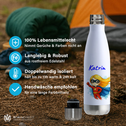 Thermoflasche 500ml in Weiß/Silber bedruckt mit tollen Motiven für Kinder "Superheldin" personalisierbar mit Wunschname