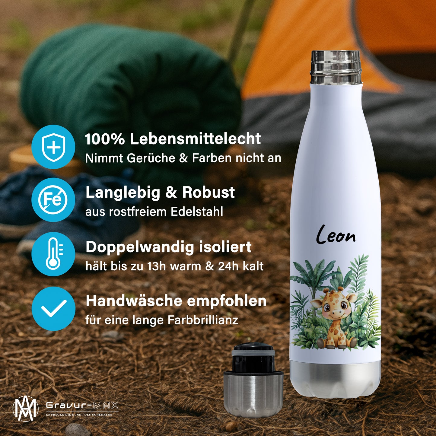Trinkflasche in Weiß/Silber 500ml aus Edelstahl bedruckt mit Dschungel Tieren"Giraffe" personalisierbar für Kinder mit Wunschname