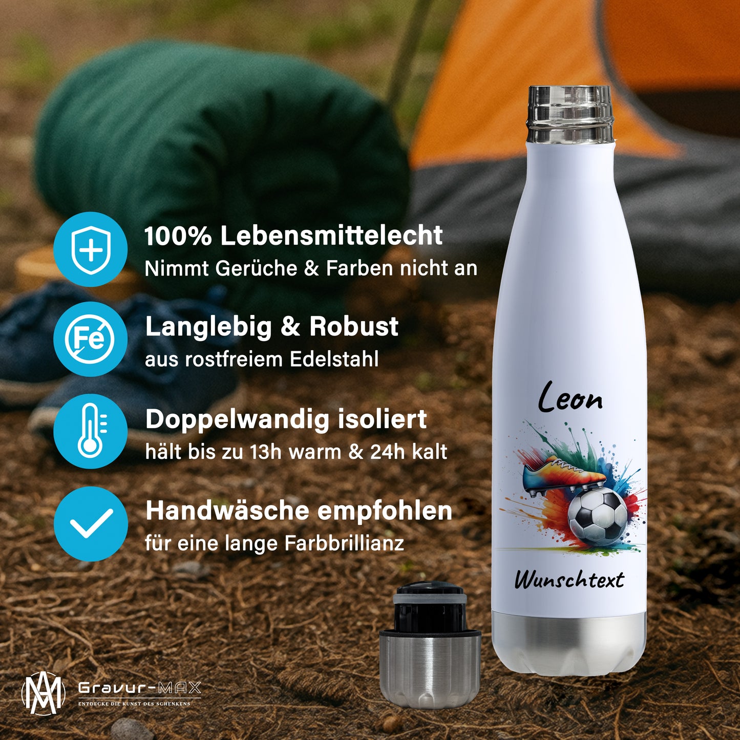 Thermoflasche 500ml in Weiß/Silber aus Edelstahl bedruckt "Fußball" Motiv6 personalisierbar mit Wunschname & Text