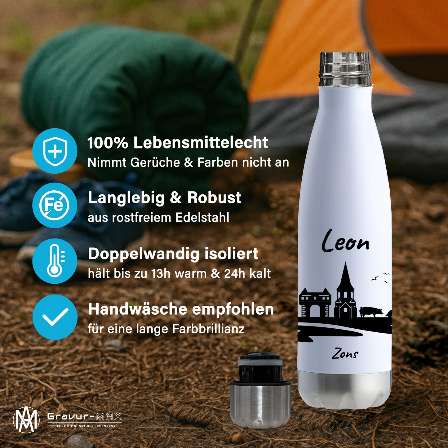 Trinkflasche in Weiß/Silber 500ml aus Edelstahl bedruckt mit der Skyline von Zons (Dormagen) personalisierbar mit Wunschname
