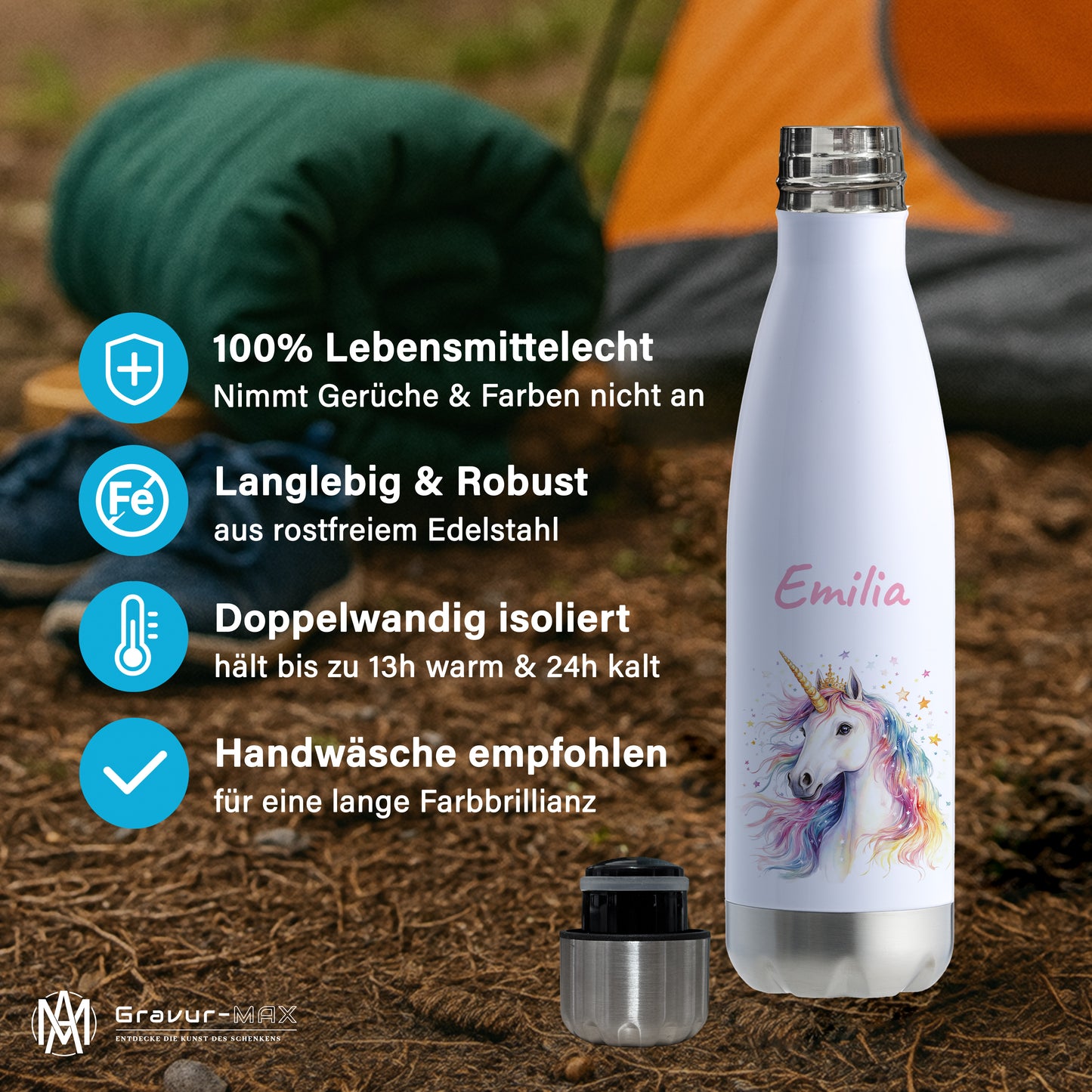 Thermoflasche 500ml in Weiß/Silber bedruckt mit tollen Motiven für Kinder "Einhorn" personalisierbar mit Wunschname