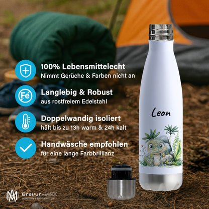 Trinkflasche in Weiß/Silber 500ml aus Edelstahl bedruckt mit Dschungel Tieren"Krokodil" personalisierbar für Kinder mit Wunschname