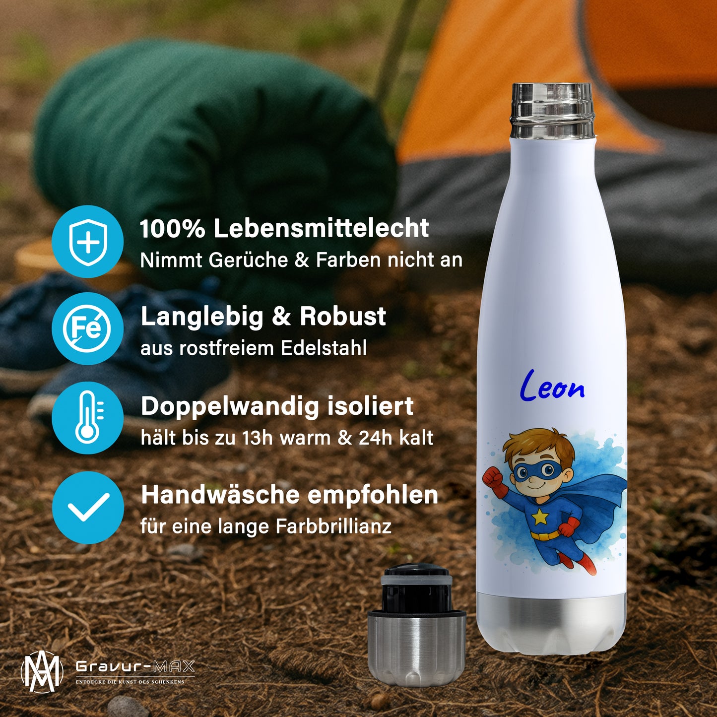 Thermoflasche 500ml in Weiß/Silber bedruckt mit tollen Motiven für Kinder "Superheld" personalisierbar mit Wunschname
