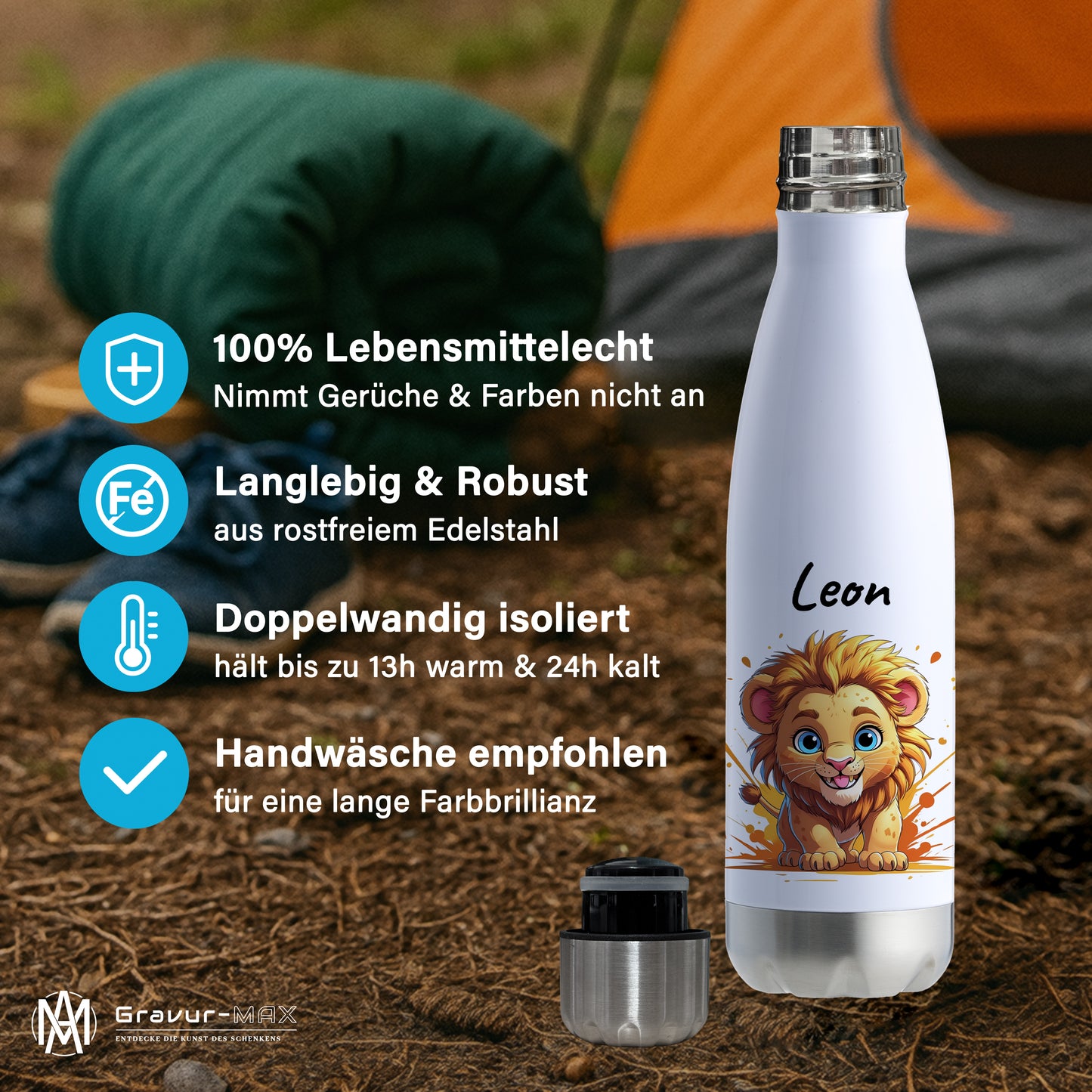 Trinkflasche in Weiß/Silber 500ml aus Edelstahl bedruckt mit niedlichen Tieren "Löwe" personalisierbar für Kinder mit Wunschname