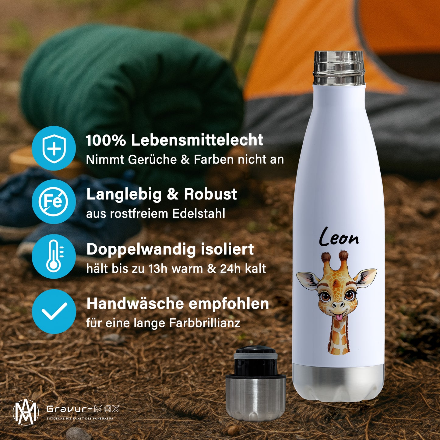 Trinkflasche in Weiß/Silber 500ml aus Edelstahl bedruckt mit niedlichen Tieren "Giraffe" personalisierbar für Kinder mit Wunschname