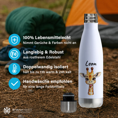 Trinkflasche in Weiß/Silber 500ml aus Edelstahl bedruckt mit niedlichen Tieren "Giraffe" personalisierbar für Kinder mit Wunschname