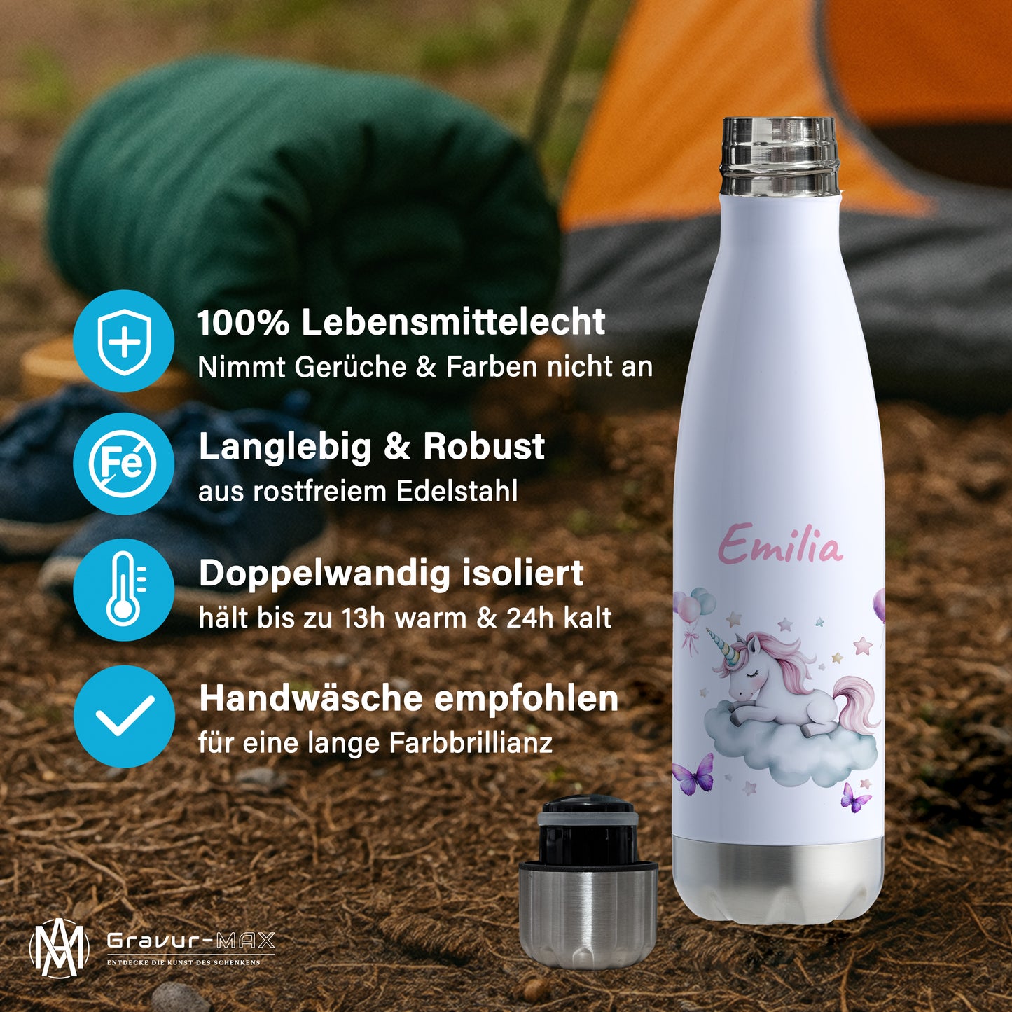 Thermoflasche 500ml in Weiß/Silber bedruckt mit tollen Motiven für Kinder "Einhorn Wolke" personalisierbar mit Wunschname