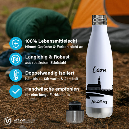 Trinkflasche in Weiß/Silber 500ml aus Edelstahl bedruckt mit der Skyline von Heidelberg personalisierbar mit Wunschname