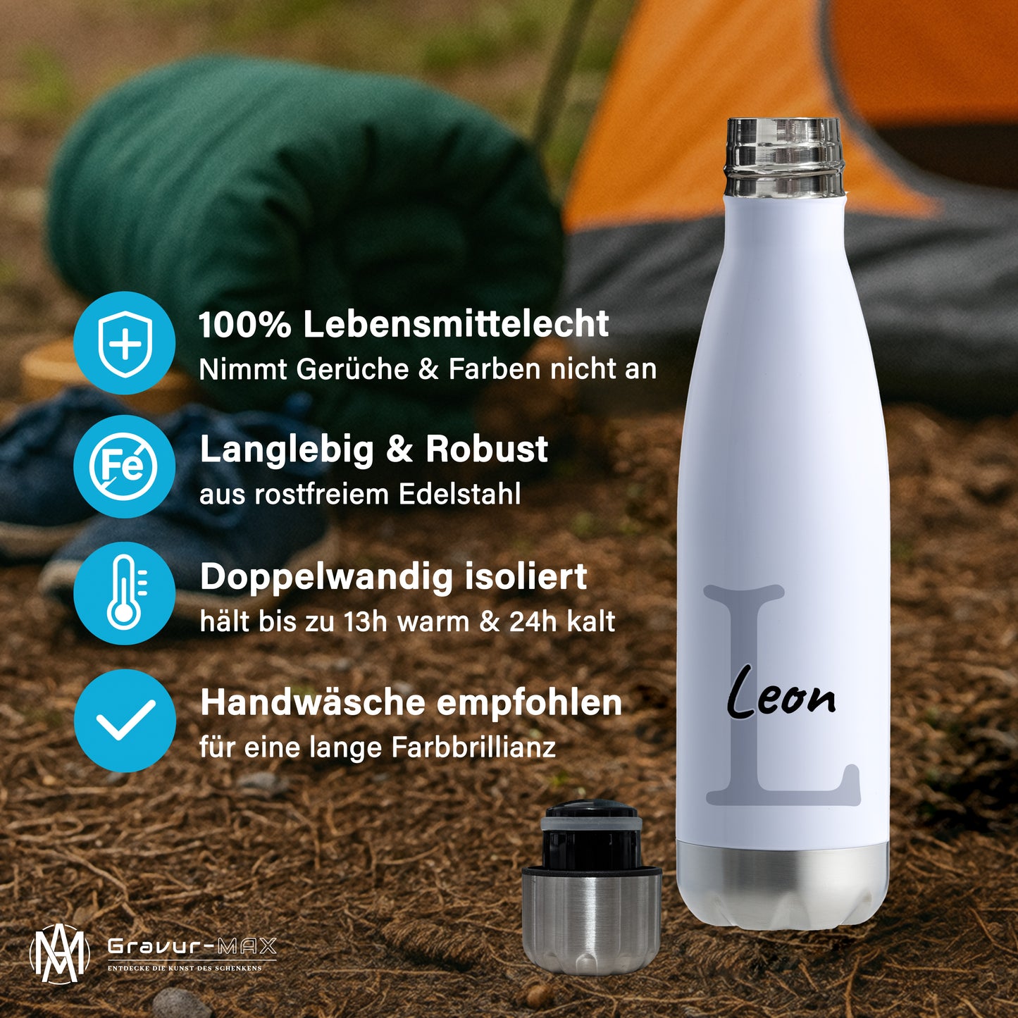 Thermoflasche 500ml aus Edelstahl in Weiß/Silber personalisierbar mit Wunschname auslaufsichere Trinkflasche
