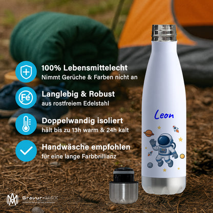 Thermoflasche 500ml in Weiß/Silber bedruckt mit tollen Motiven für Kinder "Astronaut" personalisierbar mit Wunschname