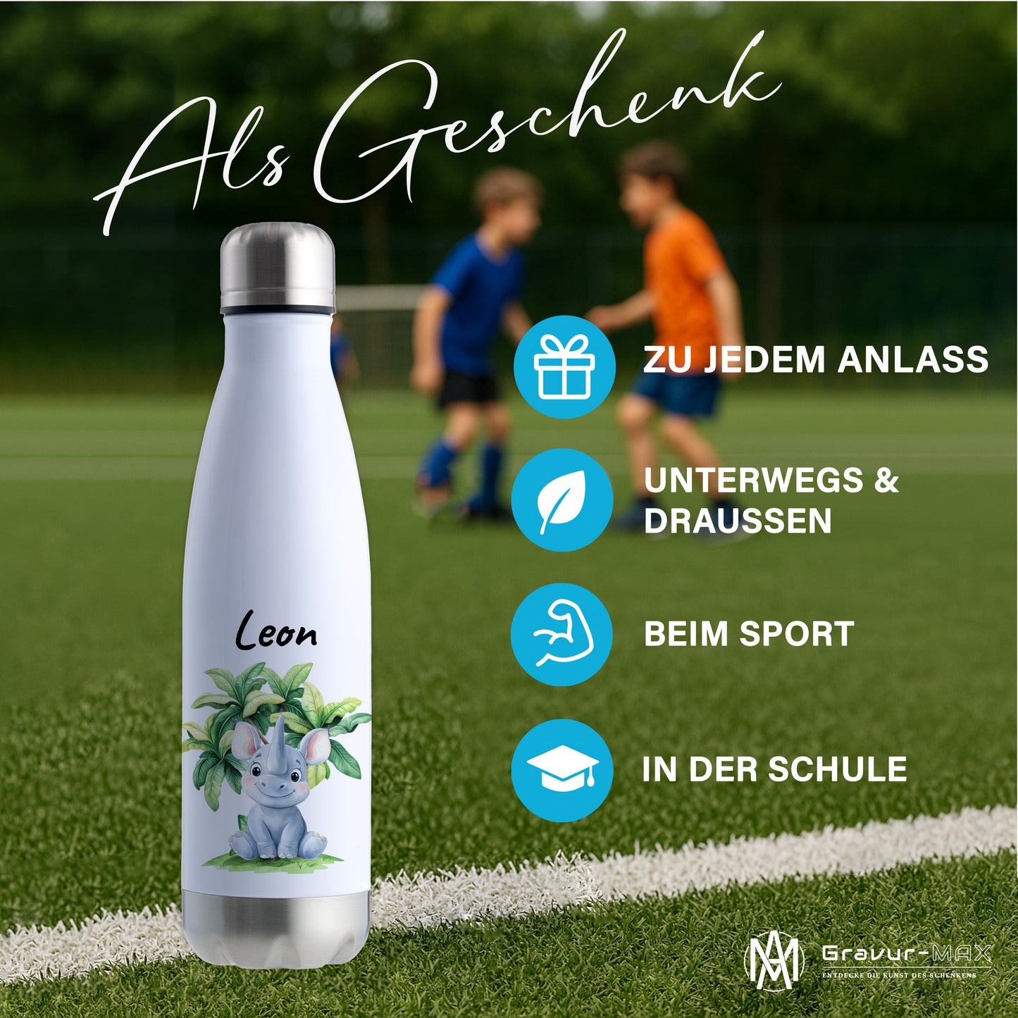 Trinkflasche in Weiß/Silber 500ml aus Edelstahl bedruckt mit Dschungel Tieren"Nashorn" personalisierbar für Kinder mit Wunschname