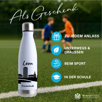 Trinkflasche in Weiß/Silber 500ml aus Edelstahl bedruckt mit der Skyline von Travemünde personalisierbar mit Wunschname