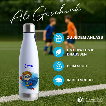 Thermoflasche 500ml in Weiß/Silber bedruckt mit tollen Motiven für Kinder "Superheld" personalisierbar mit Wunschname