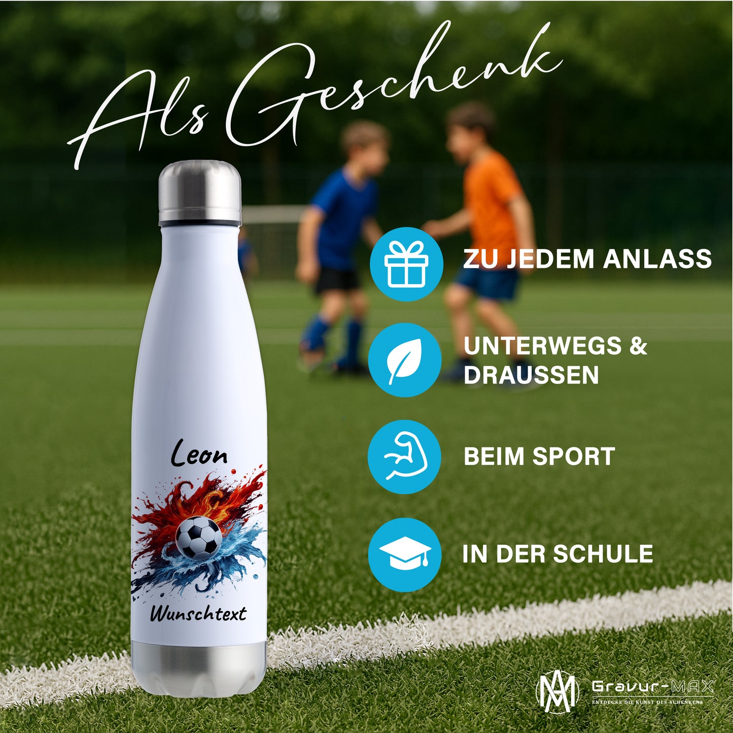 Thermoflasche 500ml in Weiß/Silber aus Edelstahl bedruckt "Fußball" Motiv12 personalisierbar mit Wunschname & Text