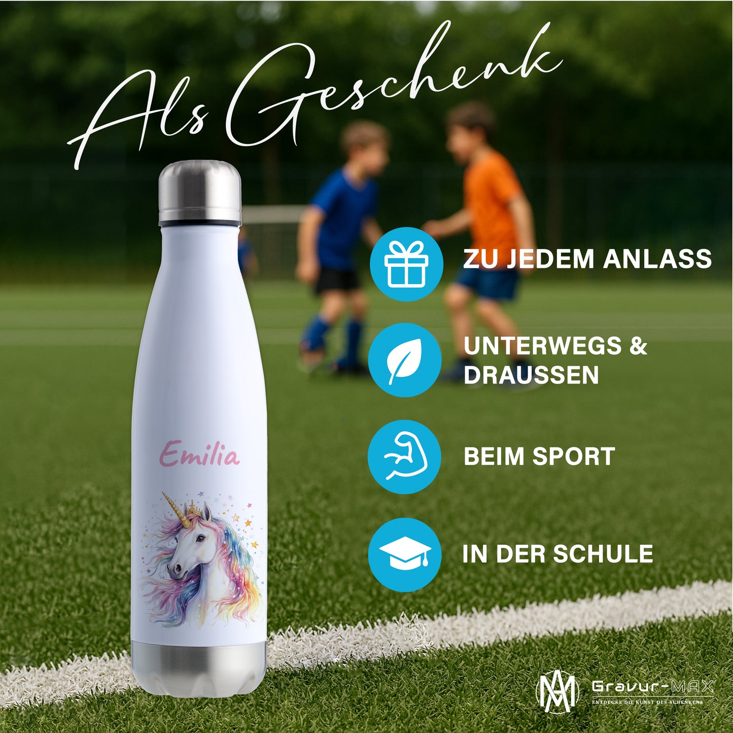 Thermoflasche 500ml in Weiß/Silber bedruckt mit tollen Motiven für Kinder "Einhorn" personalisierbar mit Wunschname