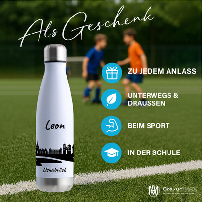 Trinkflasche in Weiß/Silber 500ml aus Edelstahl bedruckt mit der Skyline von Osnabrück personalisierbar mit Wunschname