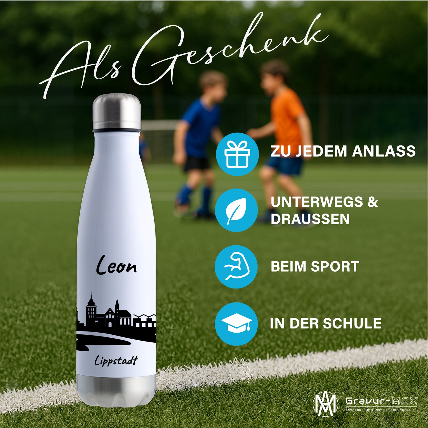 Trinkflasche in Weiß/Silber 500ml aus Edelstahl bedruckt mit der Skyline von Lippstadt personalisierbar mit Wunschname