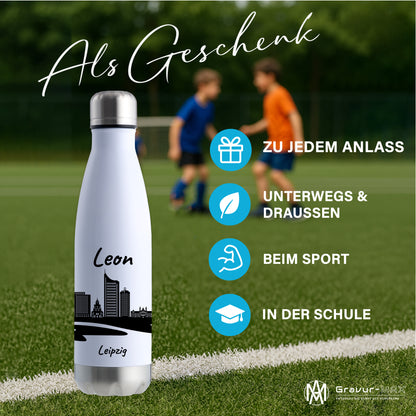 Trinkflasche in Weiß/Silber 500ml aus Edelstahl bedruckt mit der Skyline von Leipzig personalisierbar mit Wunschname