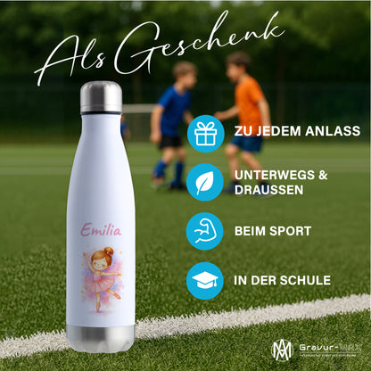 Thermoflasche 500ml in Weiß/Silber bedruckt mit tollen Motiven für Kinder "Ballerina" personalisierbar mit Wunschname