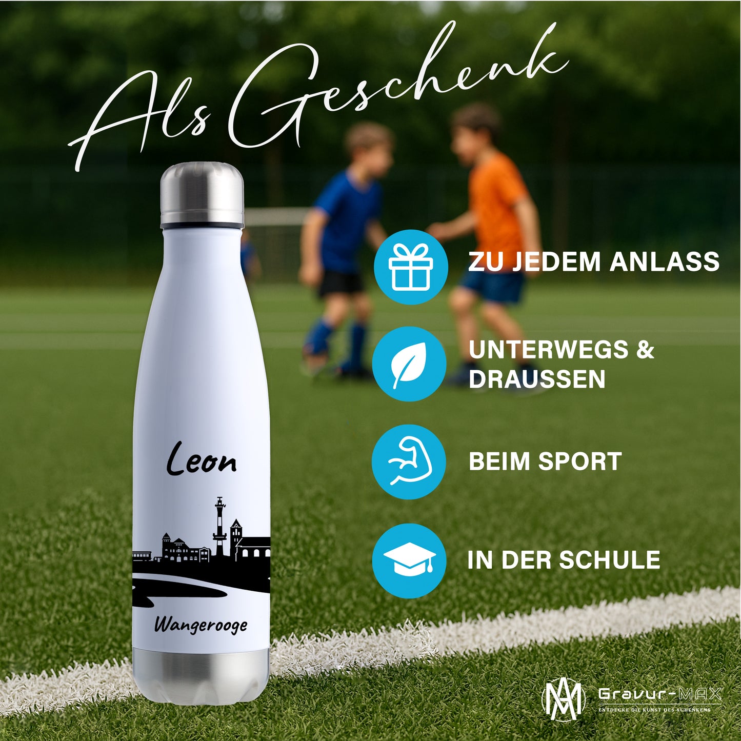 Trinkflasche in Weiß/Silber 500ml aus Edelstahl bedruckt mit der Skyline von Wangerooge personalisierbar mit Wunschname