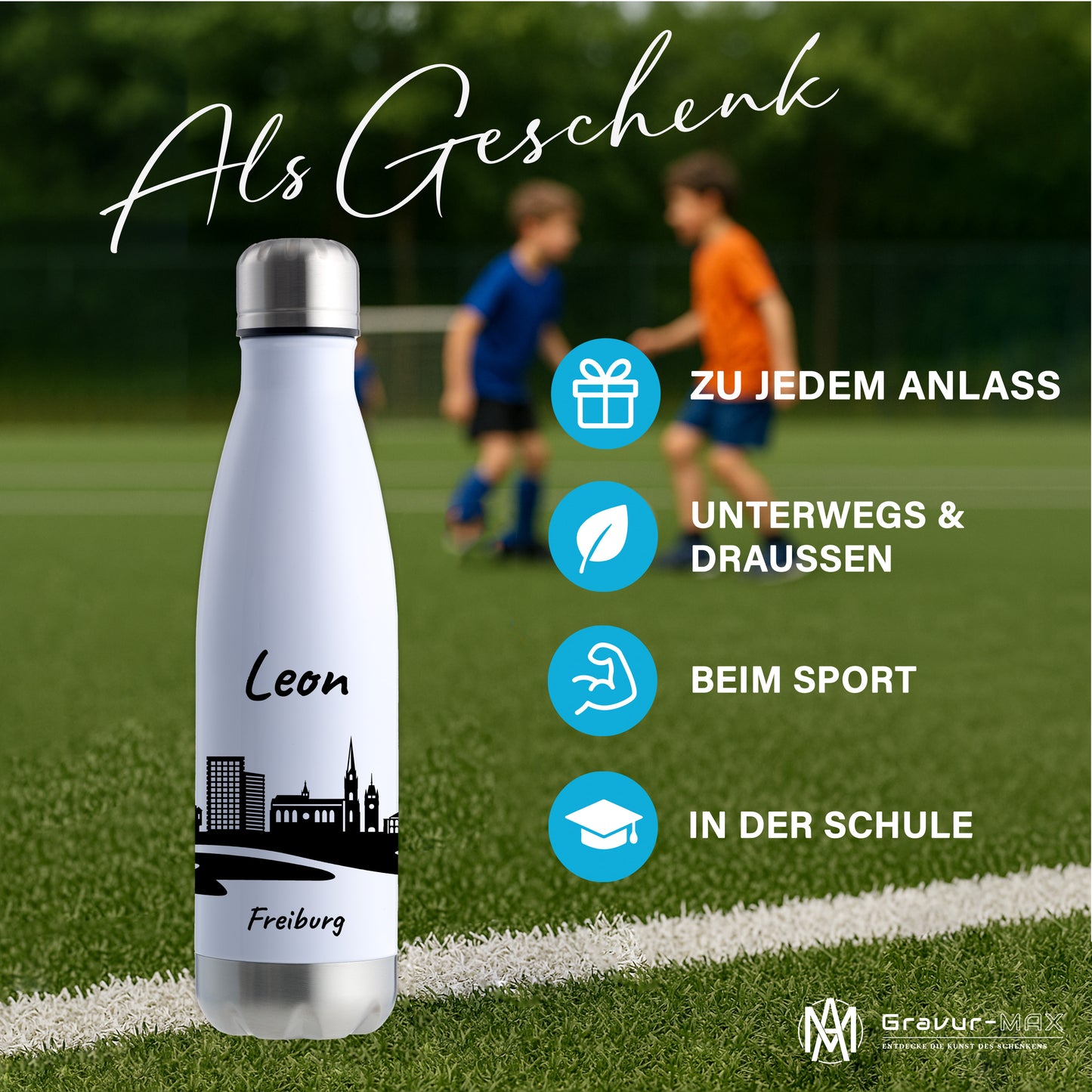 Trinkflasche in Weiß/Silber 500ml aus Edelstahl bedruckt mit der Skyline von Freiburg personalisierbar mit Wunschname
