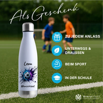 Thermoflasche 500ml in Weiß/Silber aus Edelstahl bedruckt "Fußball" Motiv10 personalisierbar mit Wunschname & Text