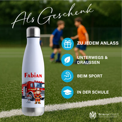 Thermoflasche 500ml in Weiß/Silber bedruckt mit tollen Motiven für Kinder "Feuerwehr" personalisierbar mit Wunschname